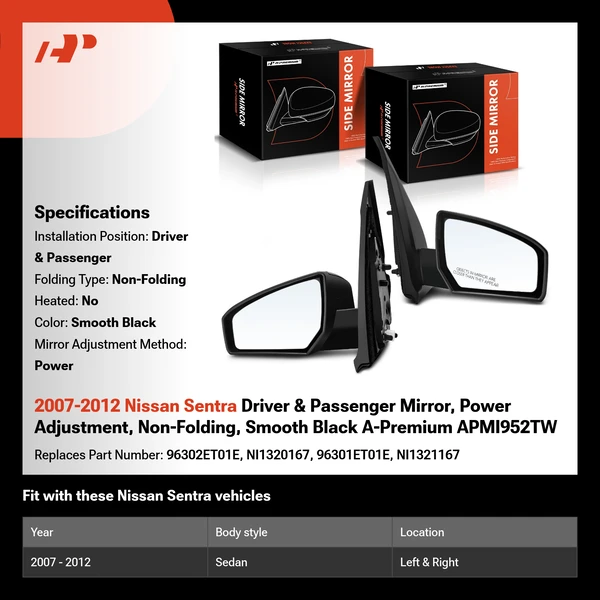 2007-2012 Nissan Sentra Driver & Passenger Mirror, Power Adjustment, Non-Folding, Smooth Black A-Premium APMI952TW