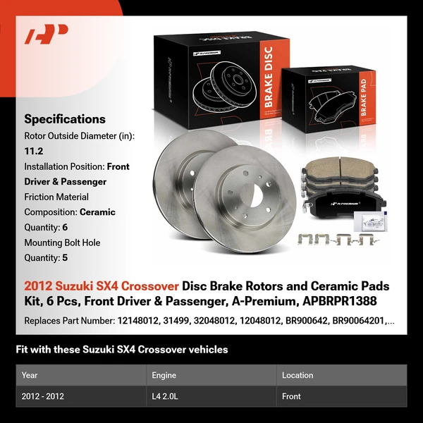 2012 Suzuki SX4 Crossover Disc Brake Rotors and Ceramic Pads Kit, 6 Pcs, Front Driver & Passenger, A-Premium, APBRPR1388