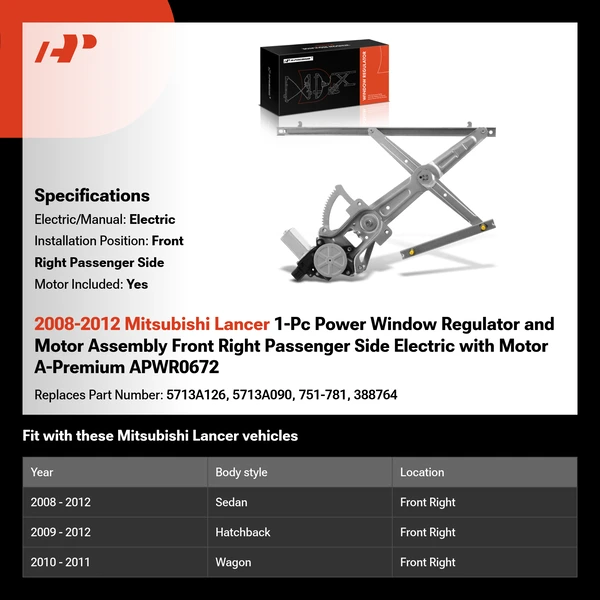 2008-2012 Mitsubishi Lancer 1-Pc Power Window Regulator and Motor Assembly Front Right Passenger Side Electric with Motor A-Premium APWR0672