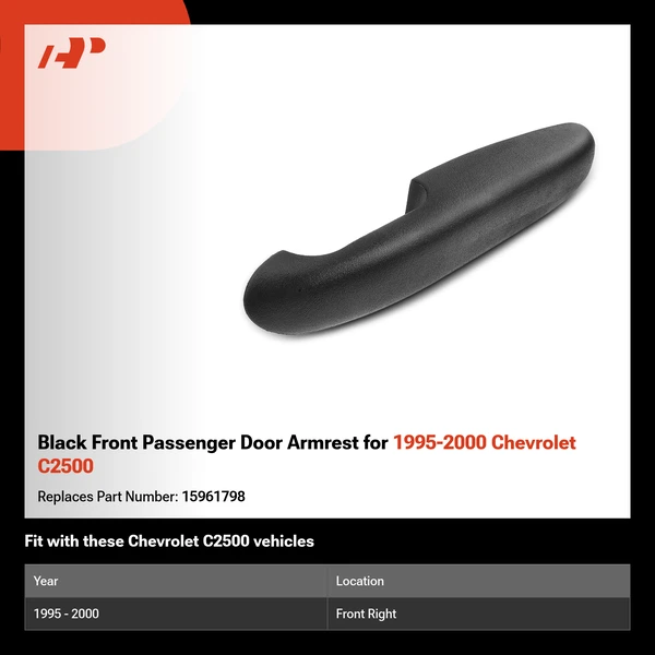 Black Front Passenger Door Armrest for 1995-2000 Chevrolet C2500