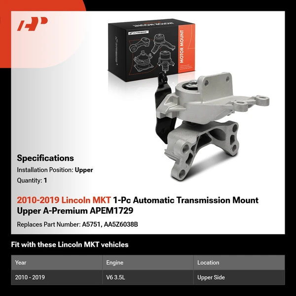 2010-2019 Lincoln MKT 1-Pc Automatic Transmission Mount Upper A-Premium APEM1729