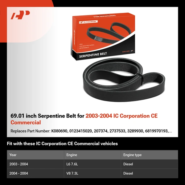 69.01 inch Serpentine Belt for 2003-2004 IC Corporation CE Commercial