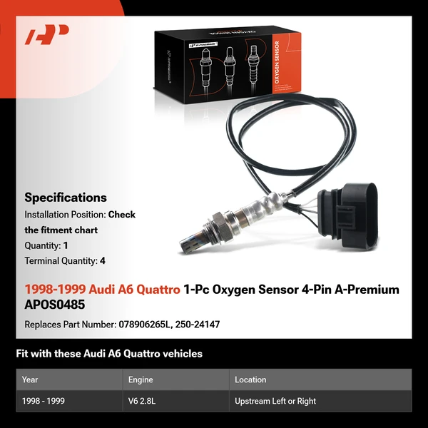1998-1999 Audi A6 Quattro 1-Pc Oxygen Sensor 4-Pin A-Premium APOS0485