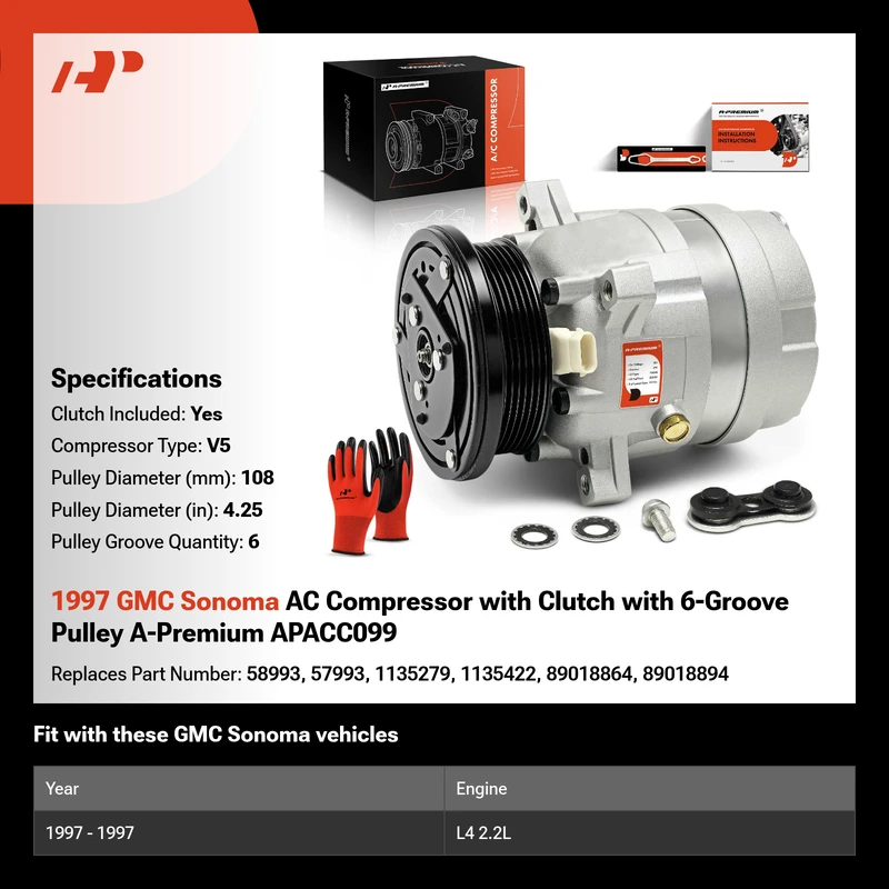1997 GMC Sonoma AC Compressor with Clutch with 6-Groove Pulley A-Premium APACC099
