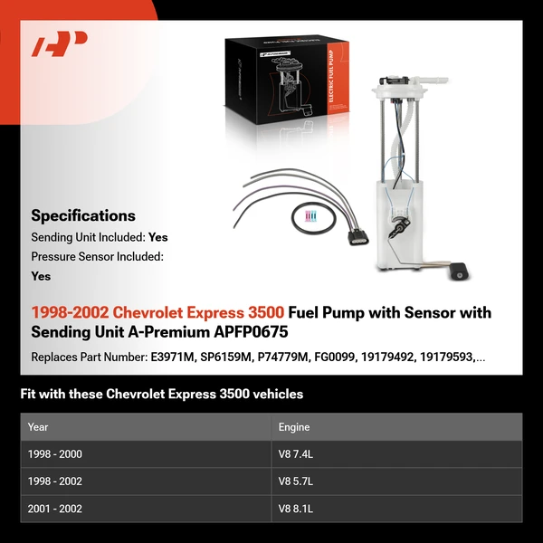 1998-2002 Chevrolet Express 3500 Fuel Pump with Sensor with Sending Unit A-Premium APFP0675