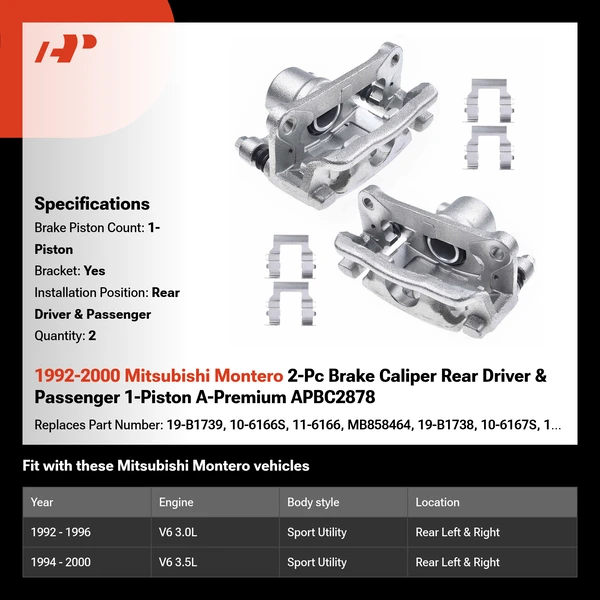 1992-2000 Mitsubishi Montero 2-Pc Brake Caliper Rear Driver & Passenger 1-Piston A-Premium APBC2878