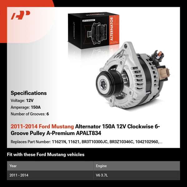 2011-2014 Ford Mustang Alternator 150A 12V Clockwise 6-Groove Pulley A-Premium APALT834