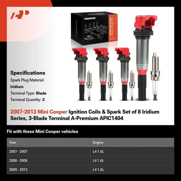 2007-2013 Mini Cooper Ignition Coils & Spark Set of 8 Iridium Series, 3-Blade Terminal A-Premium APIC1404