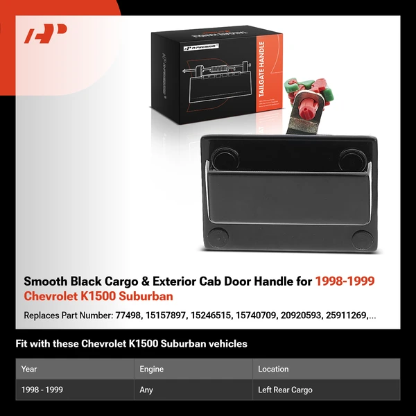 Smooth Black Cargo & Exterior Cab Door Handle for 1998-1999 Chevrolet K1500 Suburban