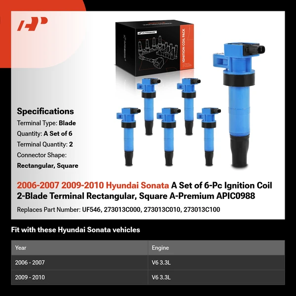 2006-2007 2009-2010 Hyundai Sonata A Set of 6-Pc Ignition Coil 2-Blade Terminal Rectangular, Square A-Premium APIC0988