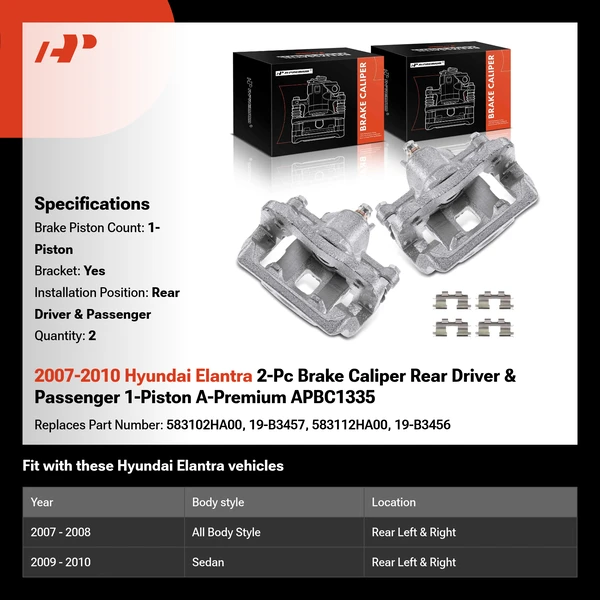 2007-2010 Hyundai Elantra 2-Pc Brake Caliper Rear Driver & Passenger 1-Piston A-Premium APBC1335