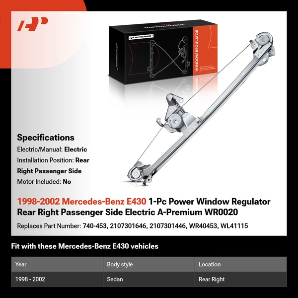 1998-2002 Mercedes-Benz E430 1-Pc Power Window Regulator Rear Right Passenger Side Electric A-Premium WR0020