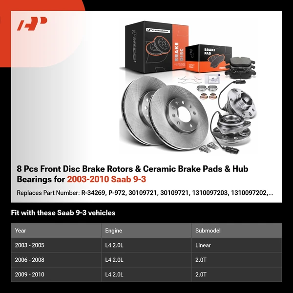 8 Pcs Front Disc Brake Rotors & Ceramic Brake Pads & Hub Bearings for 2003-2010 Saab 9-3