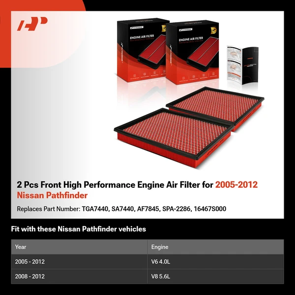 2 Pcs Front High Performance Engine Air Filter for 2005-2012 Nissan Pathfinder