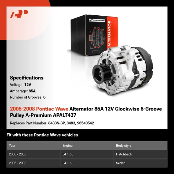 2005-2008 Pontiac Wave Alternator 85A 12V Clockwise 6-Groove Pulley A-Premium APALT437