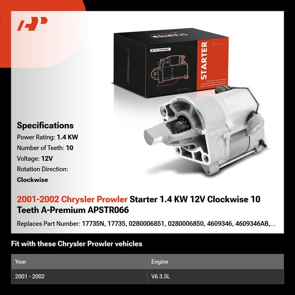 2001-2002 Chrysler Prowler Starter 1.4 KW 12V Clockwise 10 Teeth A-Premium APSTR066