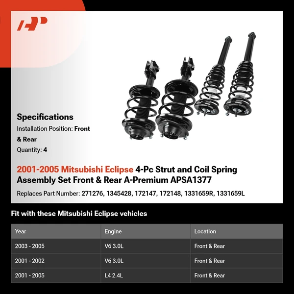 2001-2005 Mitsubishi Eclipse 4-Pc Strut and Coil Spring Assembly Set Front & Rear A-Premium APSA1377