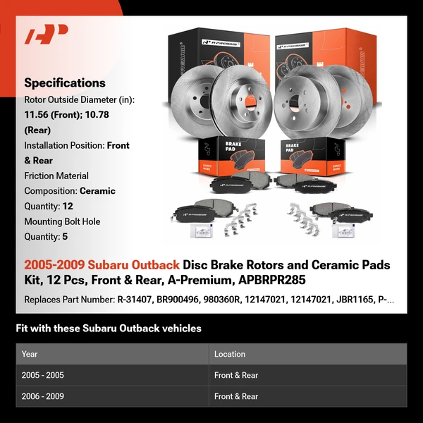 2005-2009 Subaru Outback Disc Brake Rotors and Ceramic Pads Kit, 12 Pcs, Front & Rear, A-Premium, APBRPR285
