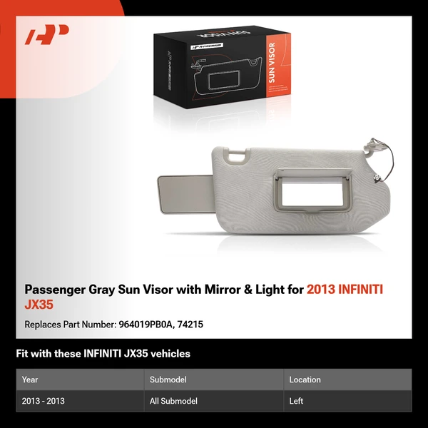 Passenger Gray Sun Visor with Mirror & Light for 2013 INFINITI JX35