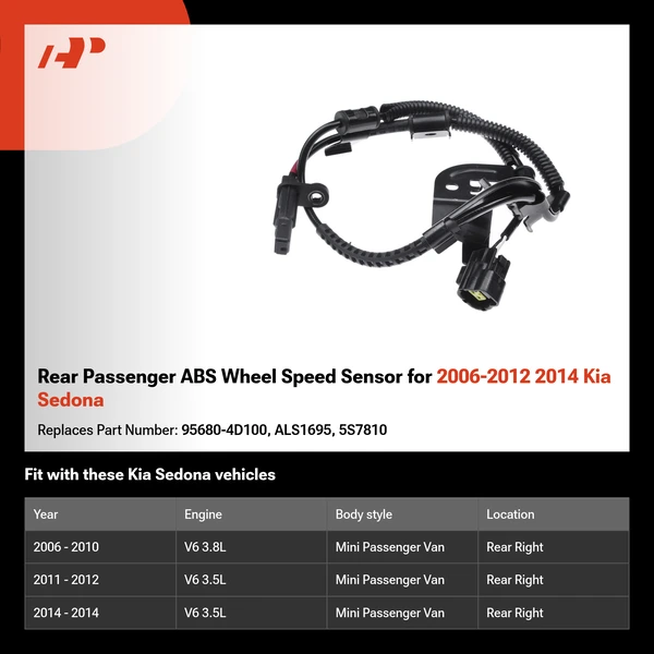 Rear Passenger ABS Wheel Speed Sensor for 2006-2012 2014 Kia Sedona
