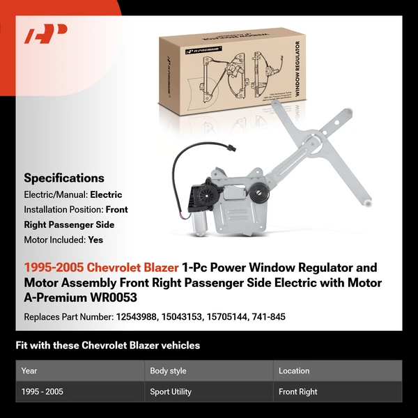 1995-2005 Chevrolet Blazer 1-Pc Power Window Regulator and Motor Assembly Front Right Passenger Side Electric with Motor A-Premium WR0053