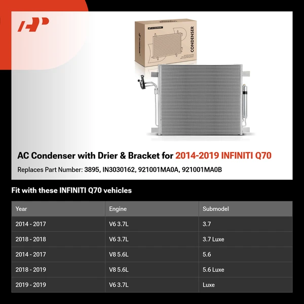 AC Condenser with Drier & Bracket for 2014-2019 INFINITI Q70