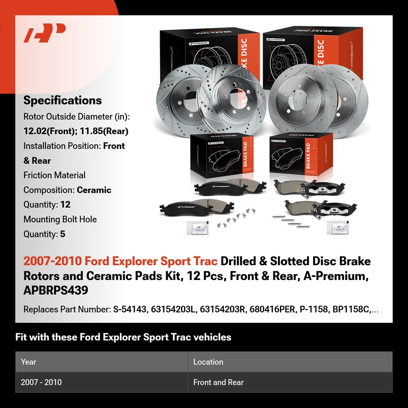 2007-2010 Ford Explorer Sport Trac Drilled & Slotted Disc Brake Rotors and Ceramic Pads Kit, 12 Pcs, Front & Rear, A-Premium, APBRPS439