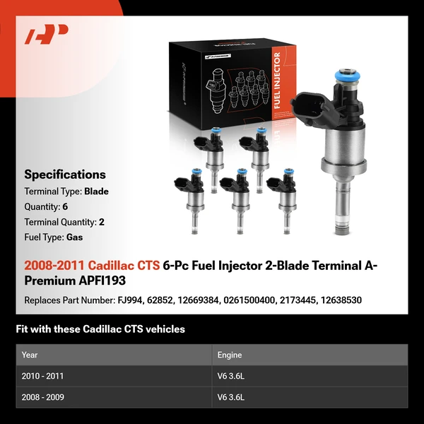 2008-2011 Cadillac CTS 6-Pc Fuel Injector 2-Blade Terminal A-Premium APFI193