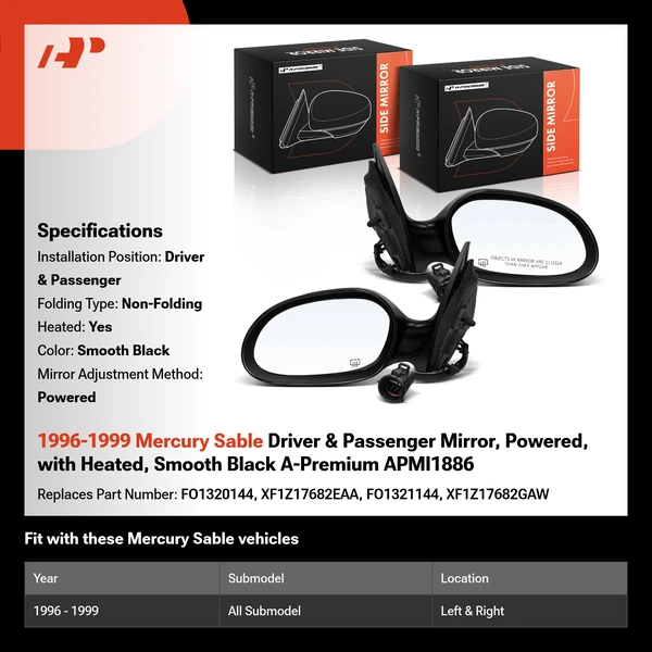 1996-1999 Mercury Sable Driver & Passenger Mirror, Powered, with Heated, Smooth Black A-Premium APMI1886