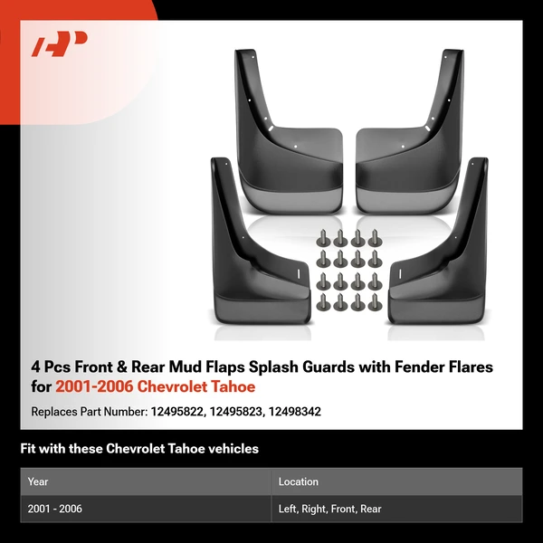 4 Pcs Front & Rear Mud Flaps Splash Guards with Fender Flares for 2001-2006 Chevrolet Tahoe