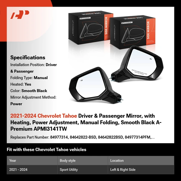 2021-2024 Chevrolet Tahoe Driver & Passenger Mirror, with Heating, Power Adjustment, Manual Folding, Smooth Black A-Premium APMI3141TW
