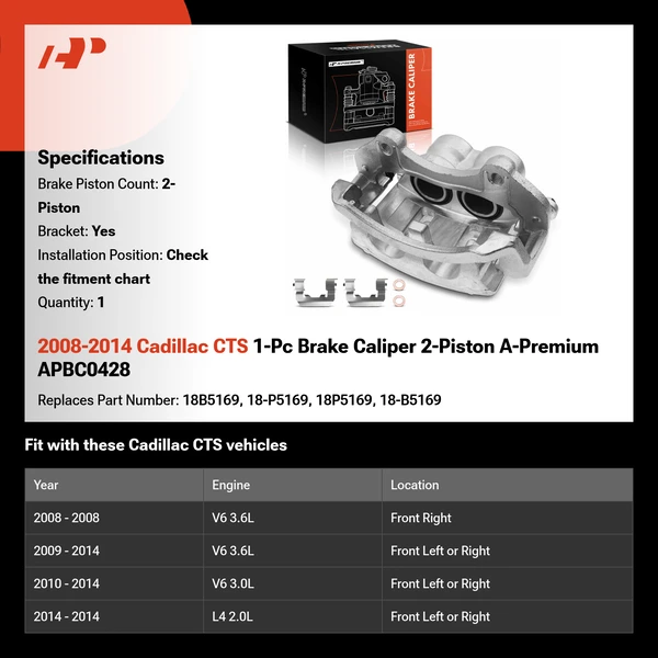 2008-2014 Cadillac CTS 1-Pc Brake Caliper 2-Piston A-Premium APBC0428