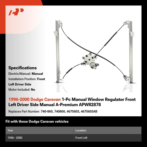 1996-2000 Dodge Caravan 1-Pc Manual Window Regulator Front Left Driver Side Manual A-Premium APWR2878