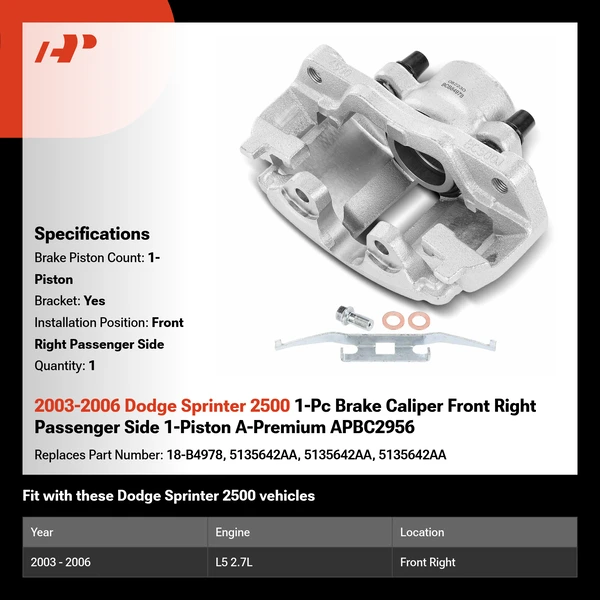 2003-2006 Dodge Sprinter 2500 1-Pc Brake Caliper Front Right Passenger Side 1-Piston A-Premium APBC2956
