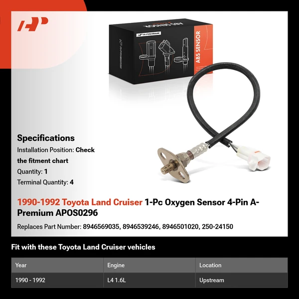 1990-1992 Toyota Land Cruiser 1-Pc Oxygen Sensor 4-Pin A-Premium APOS0296
