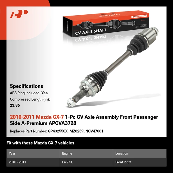 2010-2011 Mazda CX-7 1-Pc CV Axle Assembly Front Passenger Side A-Premium APCVA3728