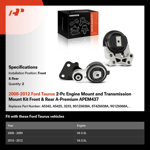 2008-2012 Ford Taurus 2-Pc Engine Mount and Transmission Mount Kit Front & Rear A-Premium APEM437