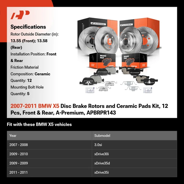 2007-2011 BMW X5 Disc Brake Rotors and Ceramic Pads Kit, 12 Pcs, Front & Rear, A-Premium, APBRPR143
