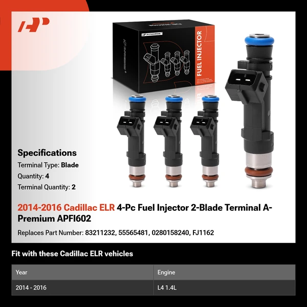 2014-2016 Cadillac ELR 4-Pc Fuel Injector 2-Blade Terminal A-Premium APFI602