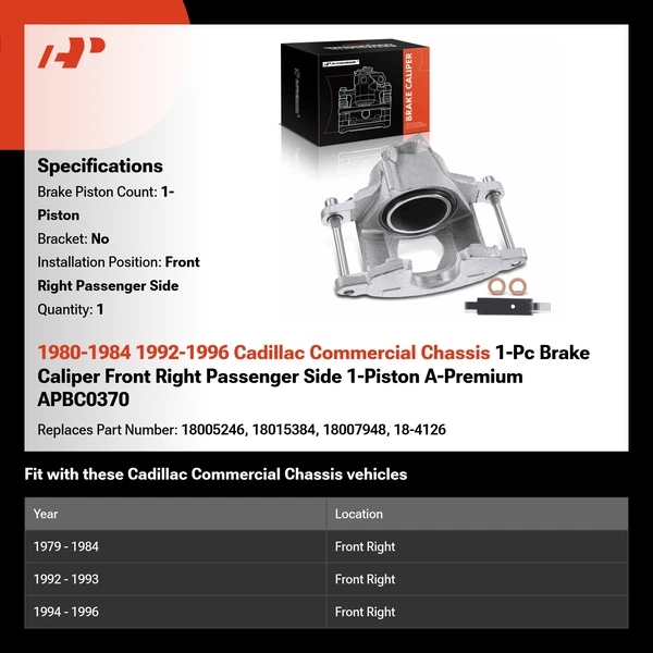 1980-1984 1992-1996 Cadillac Commercial Chassis 1-Pc Brake Caliper Front Right Passenger Side 1-Piston A-Premium APBC0370