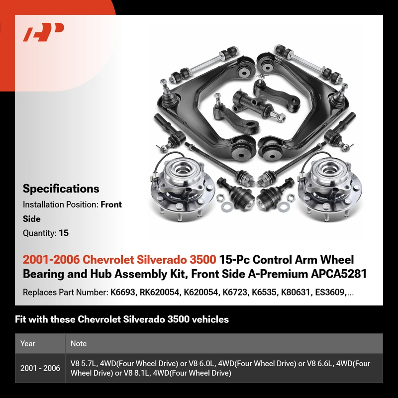 2001-2006 Chevrolet Silverado 3500 15-Pc Control Arm Wheel Bearing and Hub Assembly Kit, Front Side A-Premium APCA5281