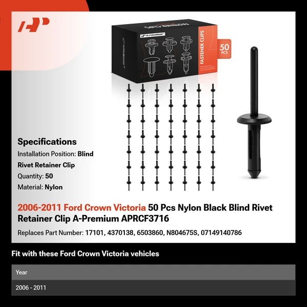2006-2011 Ford Crown Victoria 50 Pcs Nylon Black Blind Rivet Retainer Clip A-Premium APRCF3716