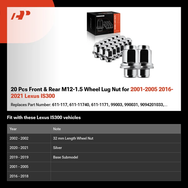 20 Pcs Front & Rear M12-1.5 Wheel Lug Nut for 2001-2005 2016-2021 Lexus IS300