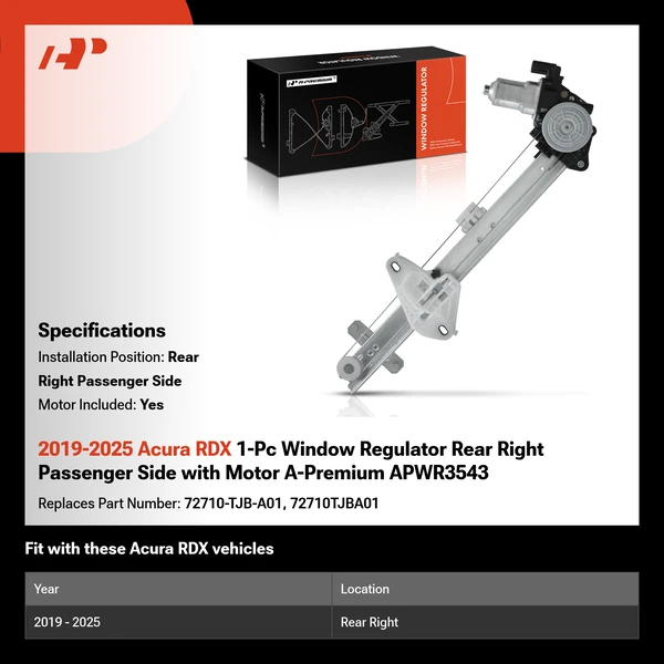 2019-2025 Acura RDX 1-Pc Window Regulator Rear Right Passenger Side with Motor A-Premium APWR3543