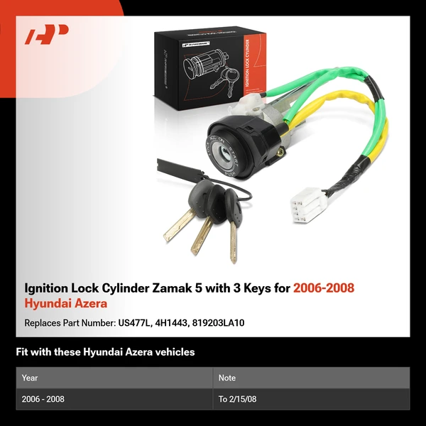 Ignition Lock Cylinder Zamak 5 with 3 Keys for 2006-2008 Hyundai Azera