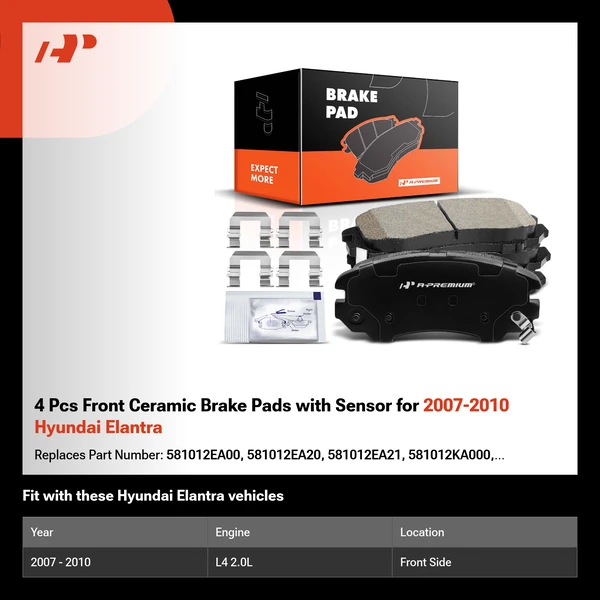 4 Pcs Front Ceramic Brake Pads with Sensor for 2007-2010 Hyundai Elantra