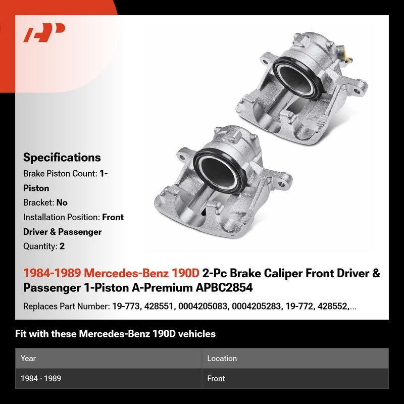 1984-1989 Mercedes-Benz 190D 2-Pc Brake Caliper Front Driver & Passenger 1-Piston A-Premium APBC2854