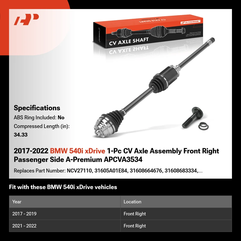 2017-2022 BMW 540i xDrive 1-Pc CV Axle Assembly Front Right Passenger Side A-Premium APCVA3534