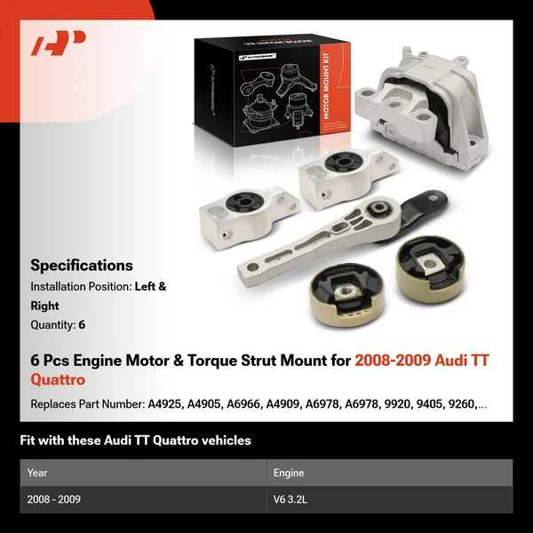 6 Pcs Engine Motor & Torque Strut Mount for 2008-2009 Audi TT Quattro