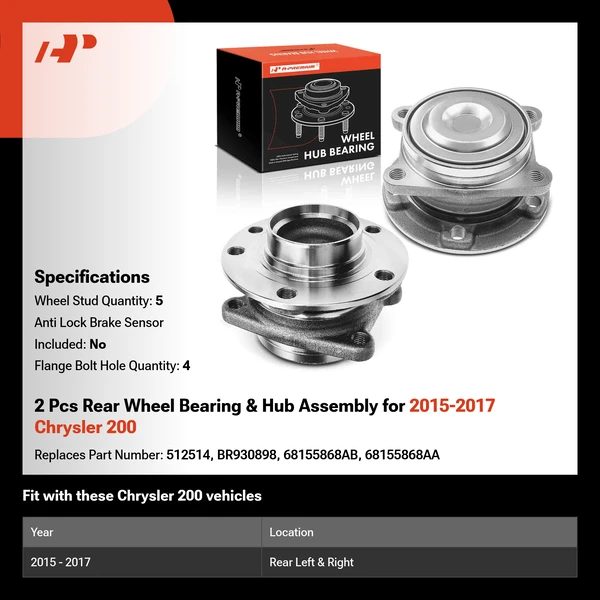 2 Pcs Rear Wheel Bearing & Hub Assembly for 2015-2017 Chrysler 200